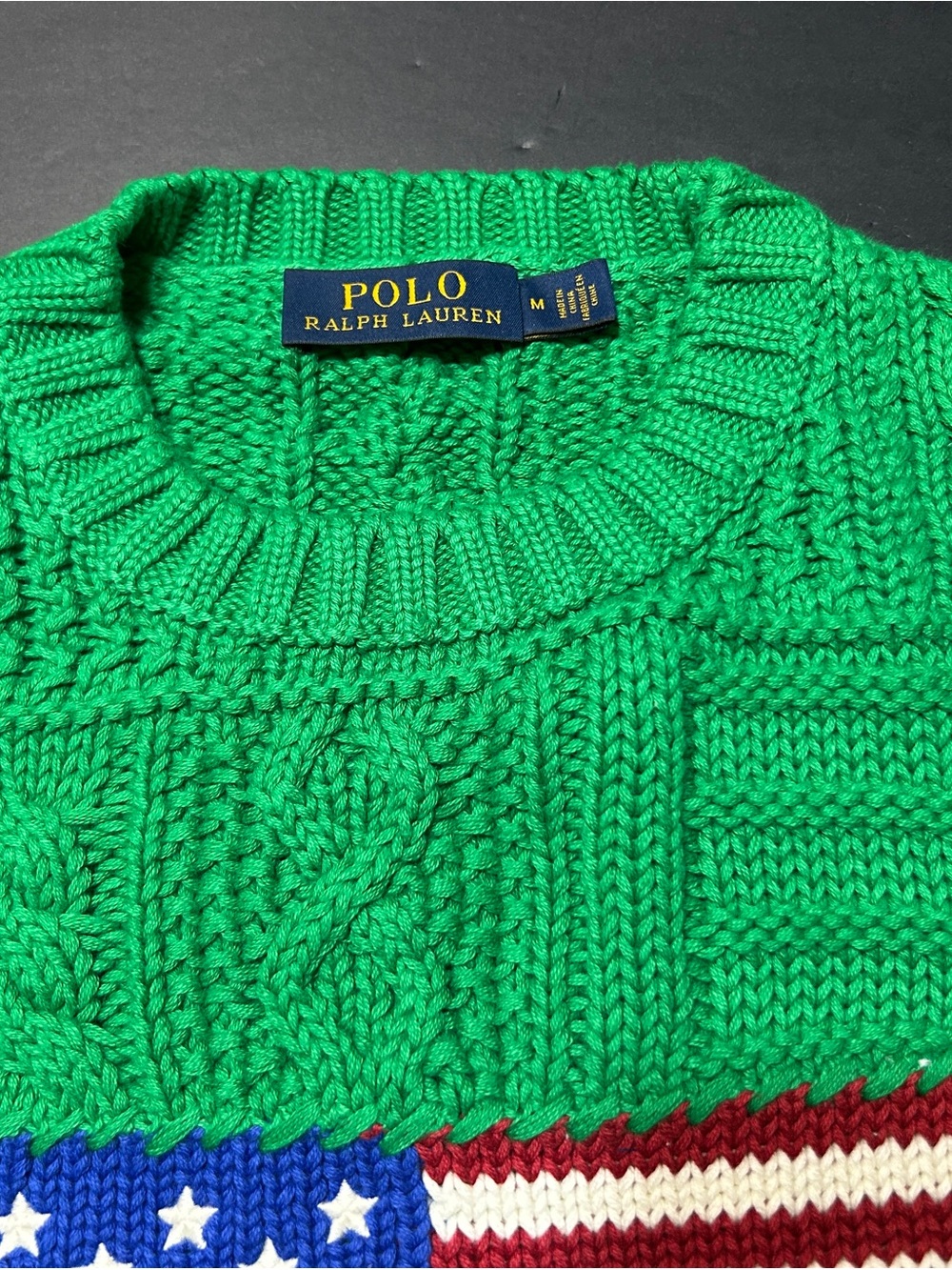 Vintage Polo by Ralph Lauren Green Cable Knit Crewneck with American Flag - Picture 3 of 16